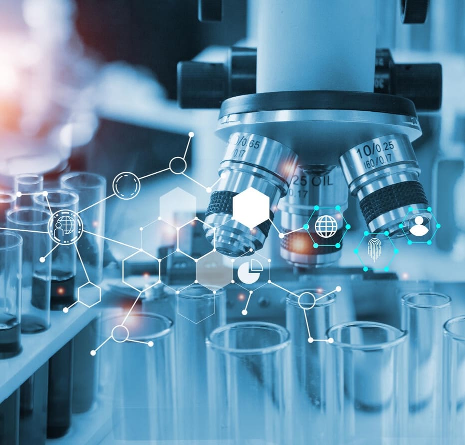 Double exposure microscope and Young woman scientific using equipment in the laboratory for research