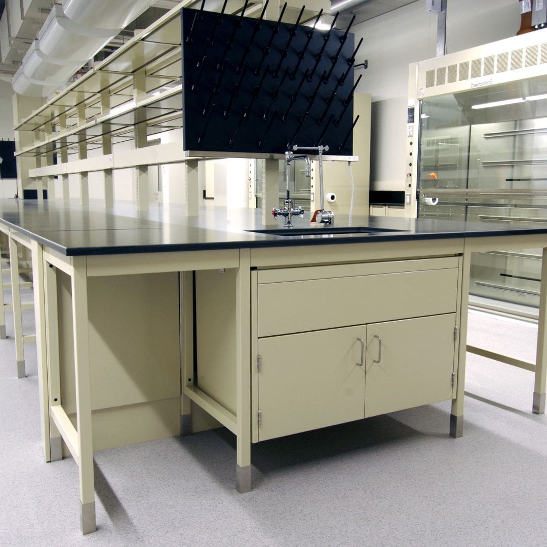 Laboratory island bench with grey painted metal casework