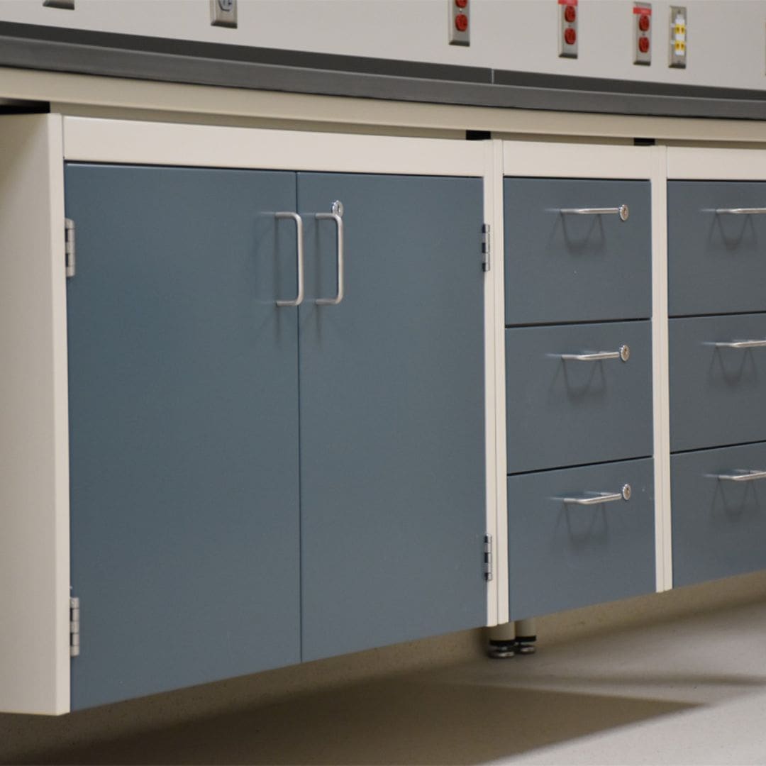 Blue-grey painted metal laboratory cabinets