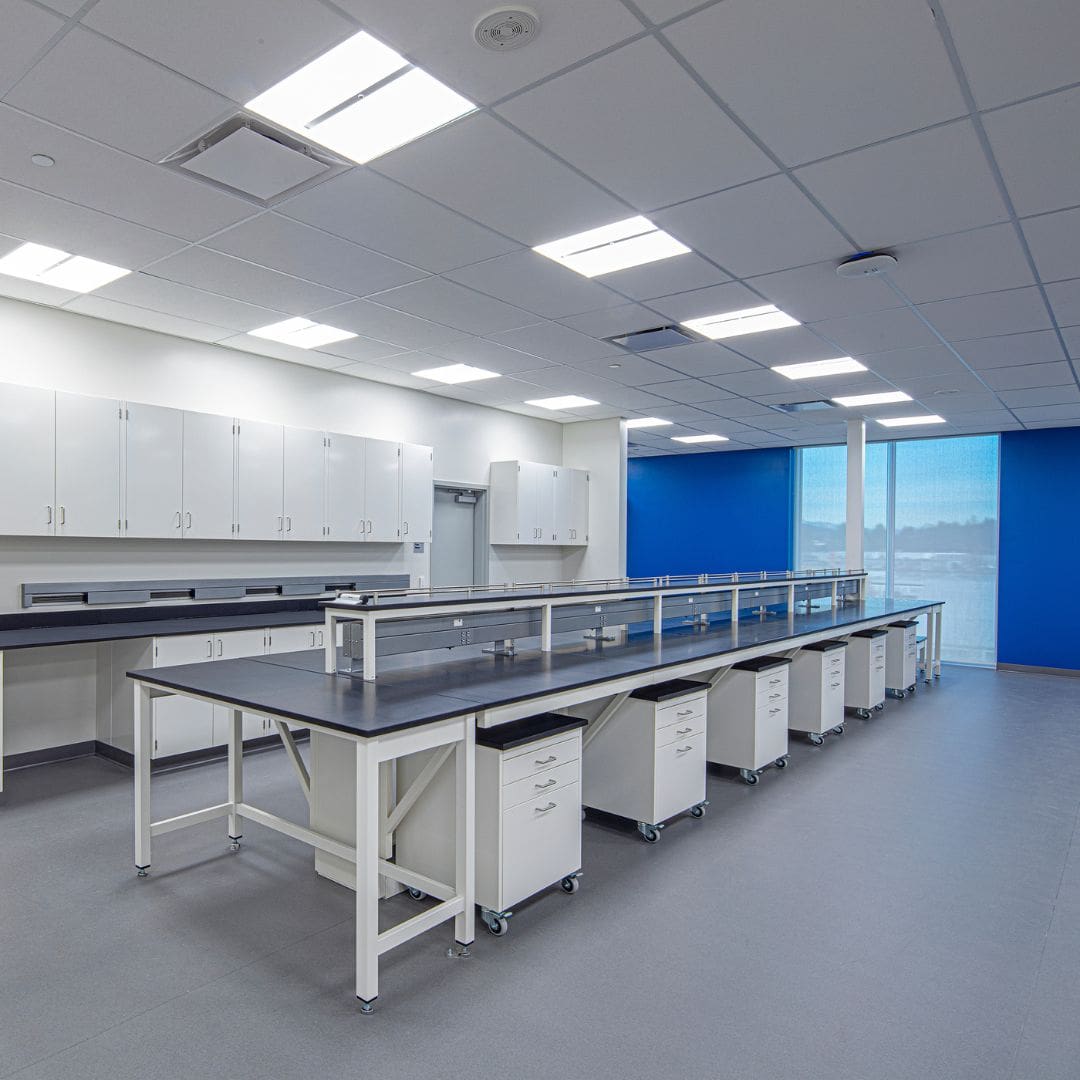 Laboratory with epoxy resin bench tops and blue accent panels